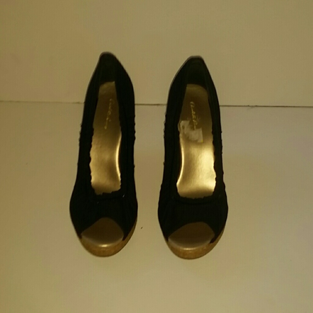 Navy blue wedge with a tan heel